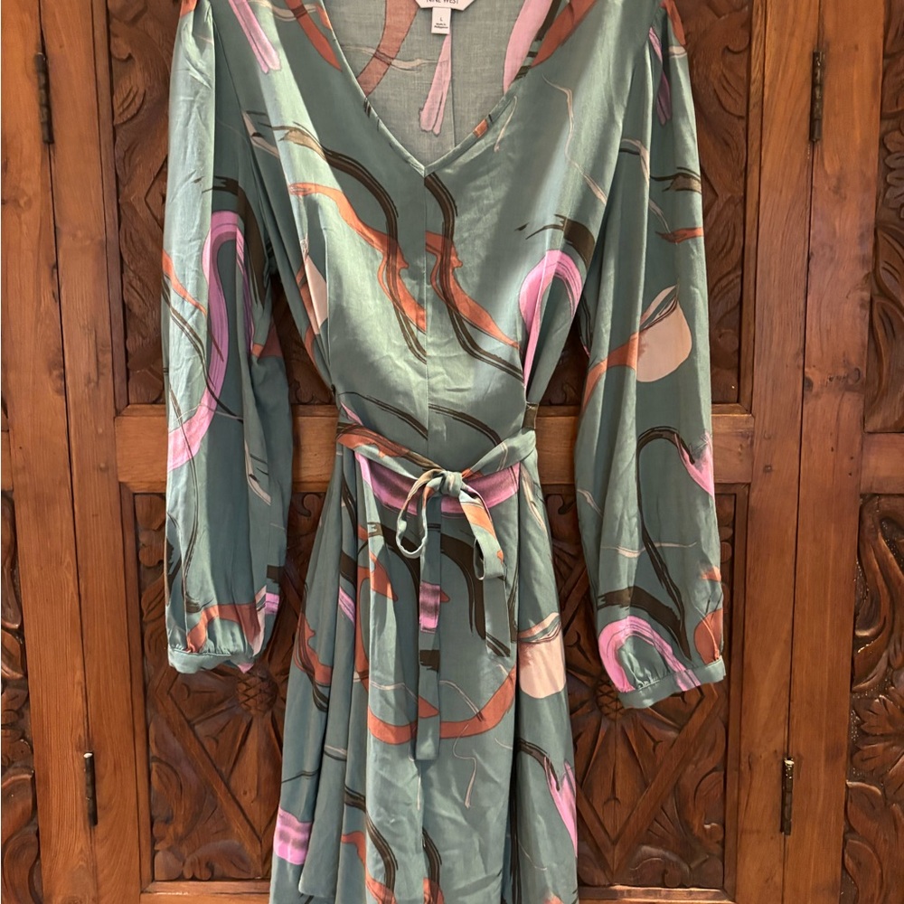 Nine West Green and Pink Long Sleeve Dress